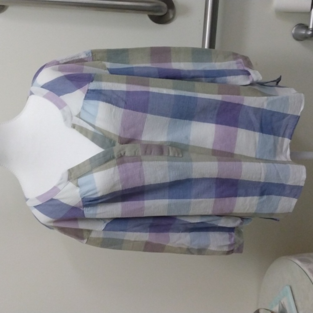 Vince Camuto XL crepe-like cotton Henley type plaid lightweight tunic EUC